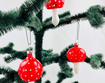 Antique Christmas decorations from Lauscha - 3 fly agarics hanging