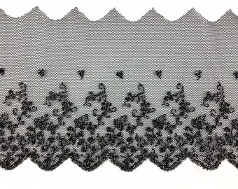 Spitzenborte Tüll Spitze von Mokuba Farbe Schwarz-Silber  9 cm Breite
