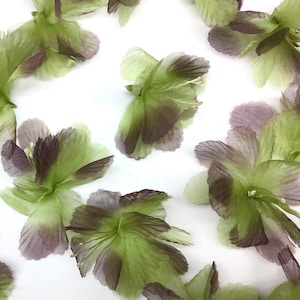 Op de afbeelding: Groene en bruine bloemen van stof met een gelaagd, gerimpeld ontwerp. De bloemen zijn gemaakt van een doorschijnend, transparant materiaal.