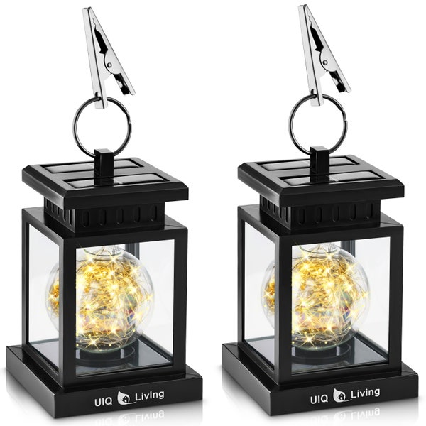 NEW UIQ Living 2-Pack Iridescent Globe Hanging Solar Lights Outdoor Lantern Ring Clamp, Warm White LEDs Fairy String Lights, Retro Black