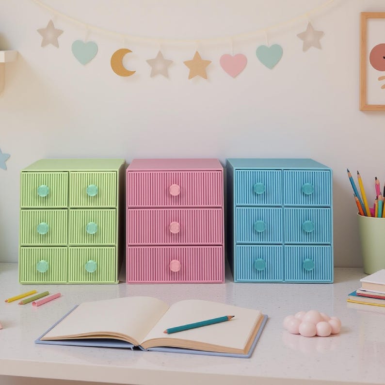 May include: Three small, colorful plastic drawer units in pastel shades of green, pink, and blue. Each unit has six drawers with round knobs. A notebook and pencil are in the foreground, with decorative wall hangings in the background.