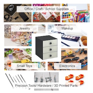 May include: A product display image featuring a three-drawer storage unit with a black top and sides, and white drawers with black knobs. Surrounding the unit are various items categorized as Office/Craft/School Supplies, Jewelry, Makeup, Small Toys, Electronics, and Precision Tools.