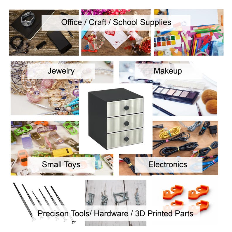 May include: A product display image featuring a three-drawer storage unit with a black top and sides, and white drawers with black knobs. Surrounding the unit are various items categorized as Office/Craft/School Supplies, Jewelry, Makeup, Small Toys, Electronics, and Precision Tools.