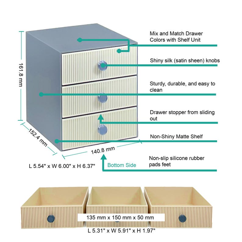 May include: A three-drawer storage unit with a light blue frame and cream-colored drawers. Each drawer has a blue knob. The unit measures 5.54" L x 6.00" W x 6.37" H. The drawers are 5.31" L x 5.91" W x 1.97" H.