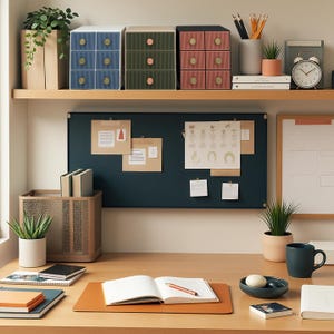 May include: A well-lit desk setup featuring three sets of small, six-drawer storage units in blue, green, and pink. A bulletin board, books, and desk accessories complete the organized workspace. A small clock and potted plants add decorative touches.