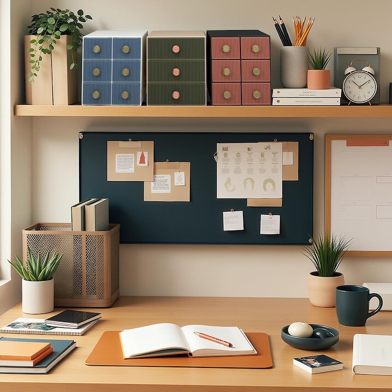 May include: A well-lit desk setup featuring three sets of small, six-drawer storage units in blue, green, and pink. A bulletin board, books, and desk accessories complete the organized workspace. A small clock and potted plants add decorative touches.