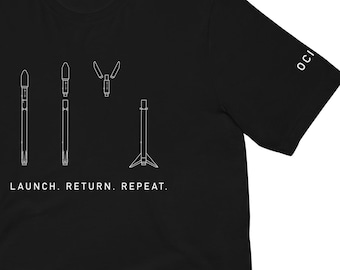 Camiseta SpaceX Falcon 9: Lanzamiento, regreso y repetición - Con texto OCISLY añadido en la manga izquierda