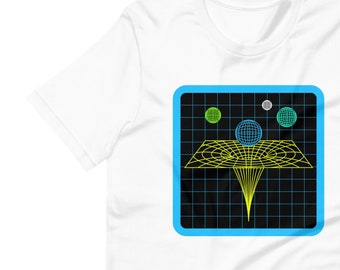 May include: A white t-shirt with a blue square graphic featuring a black grid with a yellow line representing a wormhole and three spheres in green, blue, and gray.