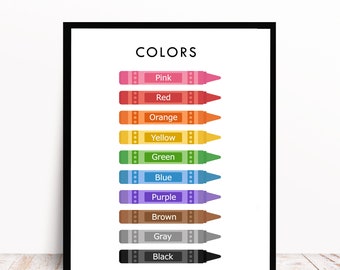 May include: A printable chart with the word "COLORS" at the top and a row of crayons with their corresponding color names: pink, red, orange, yellow, green, blue, purple, brown, gray, and black.