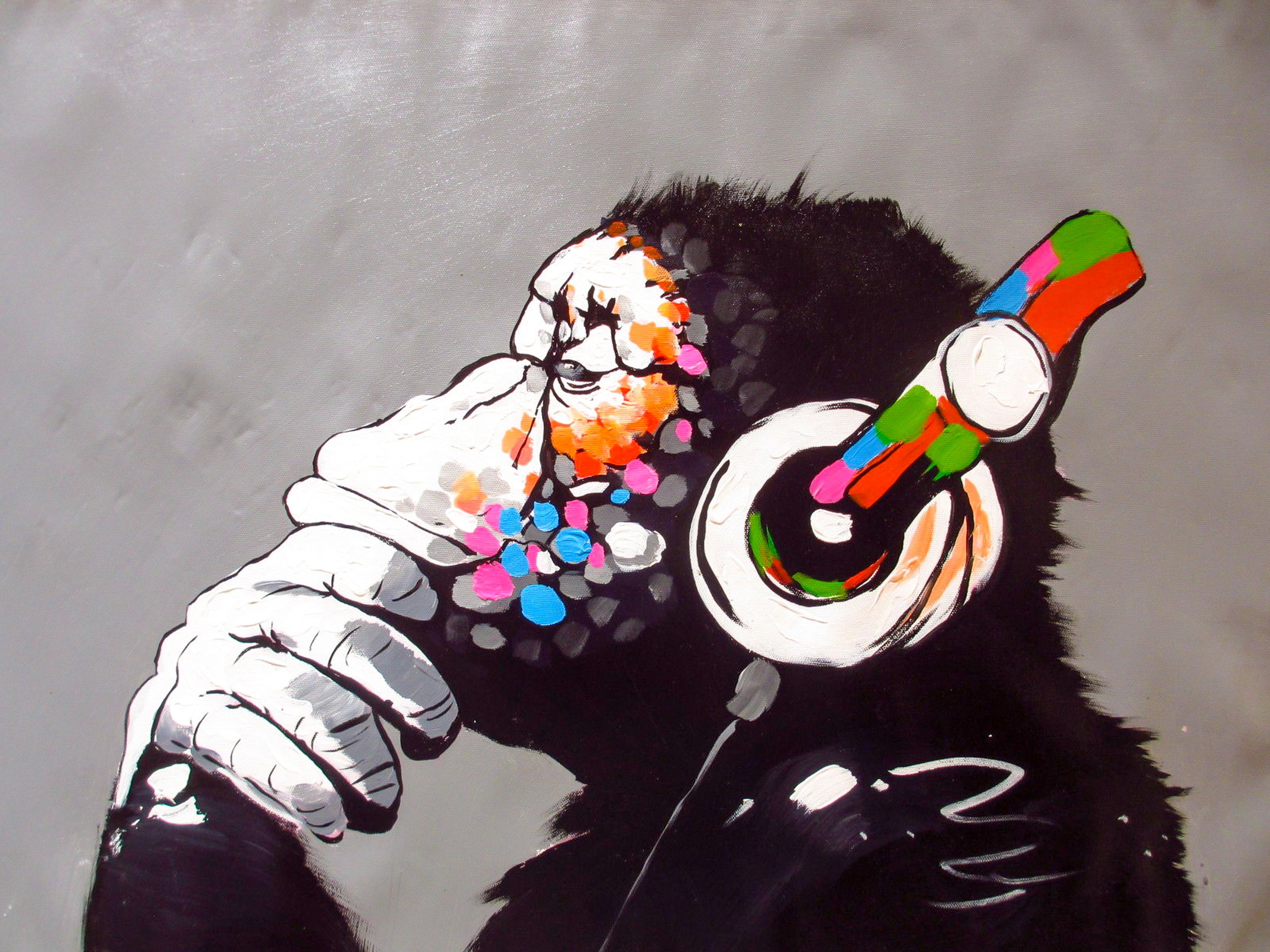 Cuadro Animales Moderna Lienzo Banksy - Wise Monkeys 3 Monos Con