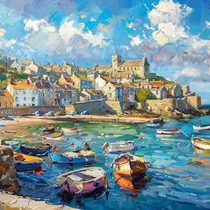 May include: A painting depicting a quaint coastal town with a harbour filled with boats. The town is situated on a hillside and features a church with a prominent spire. The sky is a clear blue with fluffy white clouds. The water is a vibrant blue and the boats are in a range of colours.