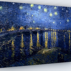 May include: A painting depicting a starry night sky above a city with a river reflecting the lights. The sky is a deep blue with white stars and the water is a dark blue with yellow reflections. The city is in the distance and appears as a dark silhouette.