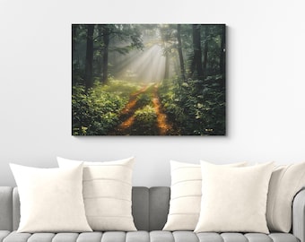Woodland Sunrays Canvas Print: Forest Landscape Wall Art Home Decor
