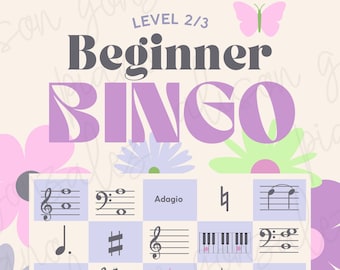 Muziekbingo voor beginners: toetsenbord, notenbalk, symbolen (digitale download)