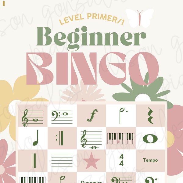 Primer/ Level 1 MUSIC BINGO- beginner level game review notes on the keyboard, staff, musical symbols. Group Class activity