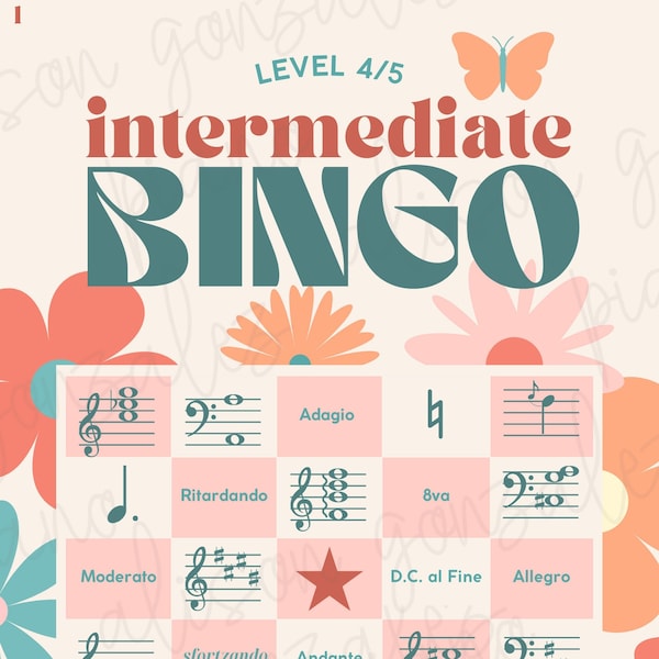 Level 4/5 MUSIC BINGO- early intermediate game review chords, staff, musical symbols, vocab. Group Class, fun music game.