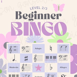 Niveau 2/3 MUSIC BINGO - Notes de révision du jeu de niveau débutant sur le clavier, le personnel, les symboles musicaux. Classe de groupe, jeu de musique amusant.