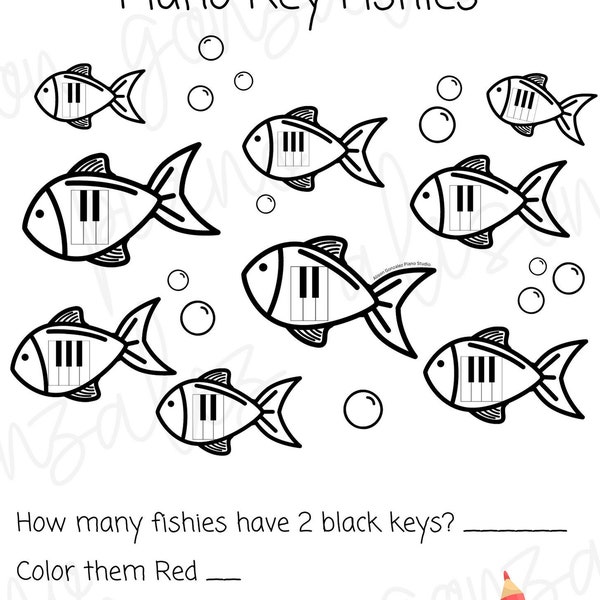 PRIMER PRESTAFF Piano Keys fishies Coloring sheet- Music Piano lessons tool for learning musical symbols. DIGITAL Download