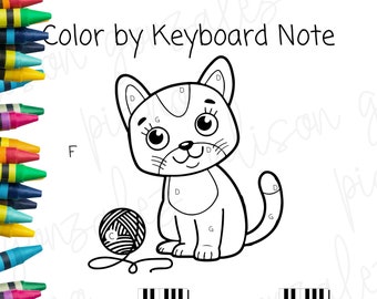 Keyboard Kitty Color by Number- PIANO LESSONS tool learn where the notes are on the keyboard. DIGITAL download coloring page