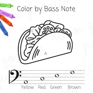 Taco BASS Clef Notes Color by number- learn the Bass Clef notes. Piano TEACHER resource MUSIC lessons coloring page. Digital Download
