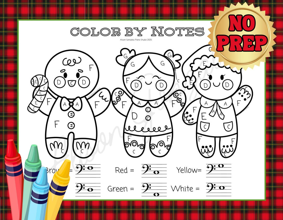 Christmas Gingerbread Notes Color by Number: Primer Level Piano Staff ...
