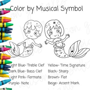 Musical Symbol Mermaid Color by Number- PIANO LESSONS tool to review musical symbols. DIGITAL download coloring page