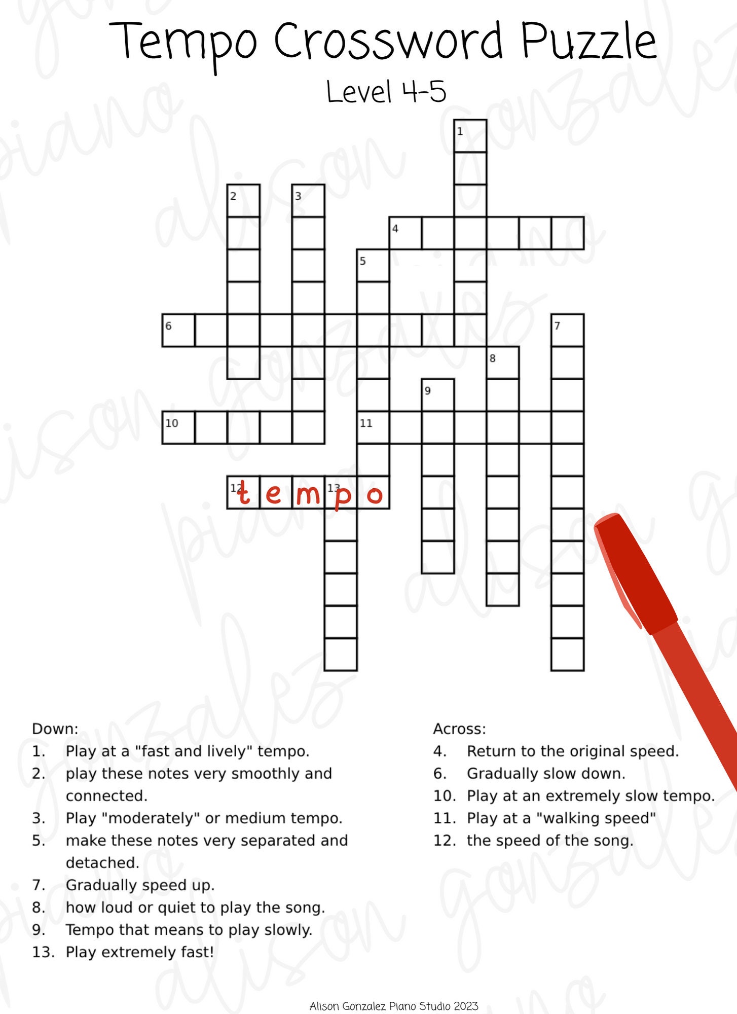 Music crossword puzzle tempo vocabulary - digital download fun group class  piano lesson activity. fun music theory. printable worksheet - etsy