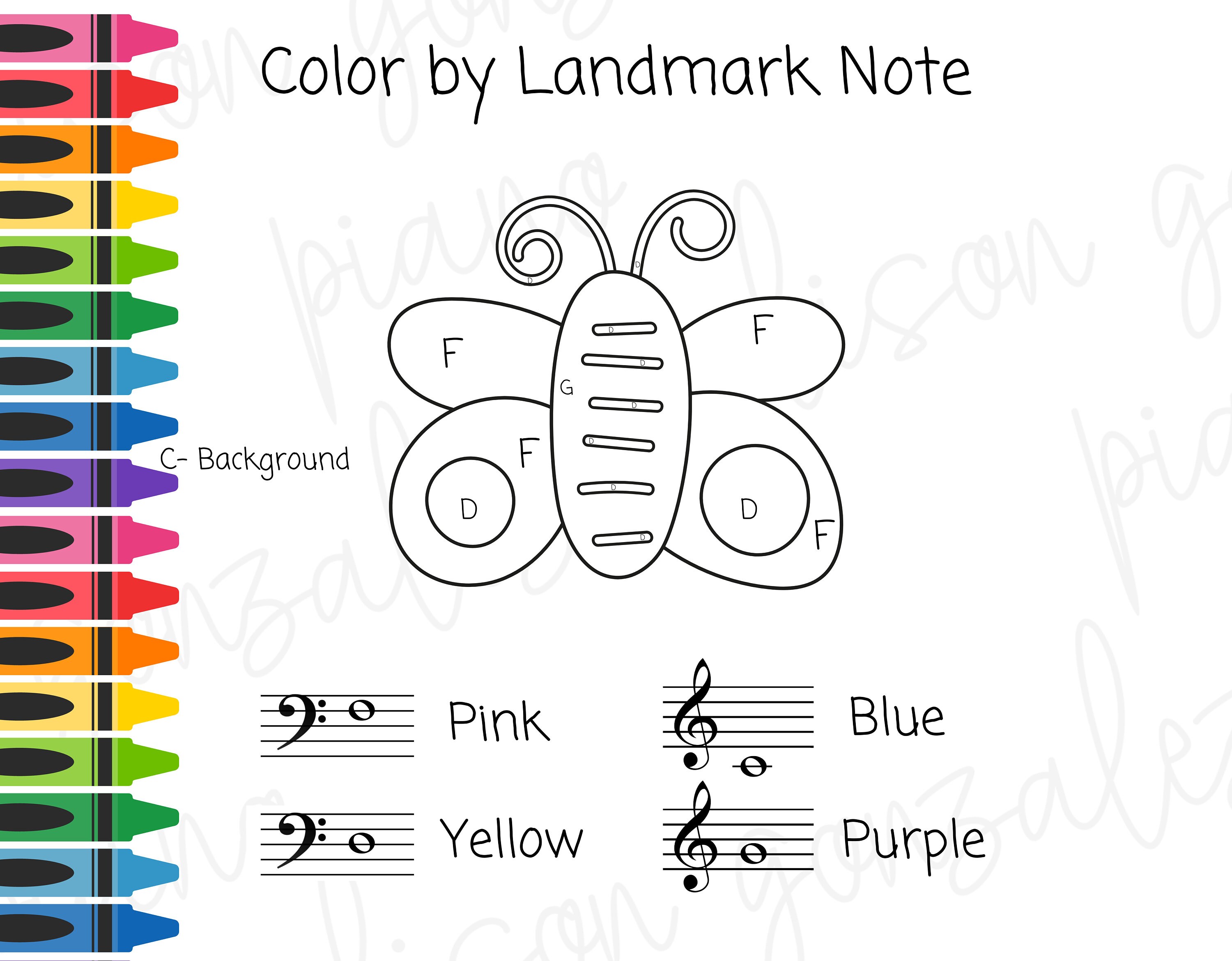 Landmark Butterfly Color by Number- PIANO LESSONS tool learn where the landmark notes are on the staff. DIGITAL Printable coloring page
