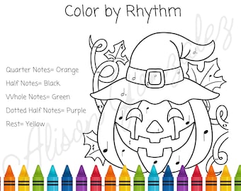 PRIMER- LEVEL 1 Rhythm Jackolantern Color by Number- Music Piano lessons tool for learning musical symbols. DIGITAL Download