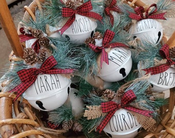 Jingle bell ornament, white ornament, personalized ornaments, Farmhouse ornament, name ornament, Christmas ornament, bell ornament