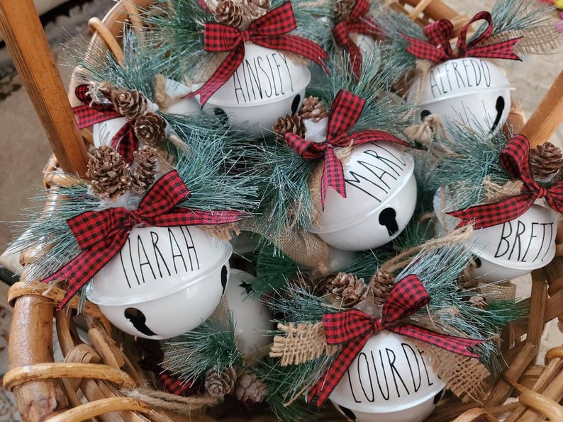 Jingle bell ornament, white ornament, personalized ornaments, Farmhouse ornament, name ornament, Christmas ornament, bell ornament 