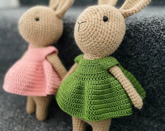Conejito amigurumi de ganchillo, regalo de Pascua, juguete de conejo de ganchillo perfecto para regalo de recién nacido, juguete de conejo con vestido, juguete de conejo de ganchillo