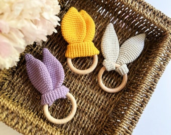 Mordedor con orejas de conejo, Sonajero de ganchillo para bebés, Sonajero de conejito, Sonajero de madera para regalo de recién nacido, Regalo para baby shower, Primer juguete