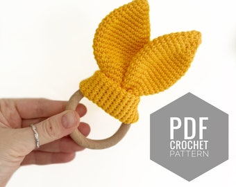PATRÓN CROCHET mordedor bebé, mordedor orejas de conejo de ganchillo, sonajero de conejo de ganchillo, mordedor de anillo de madera, patrón PDF, orejas de conejo de ganchillo.