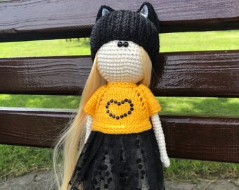 Muñeca de crochet hecha a mano para niños, Juguetes para niñas, Muñeca de punto, Regalo para nieta, Regalo de cumpleaños para niños, Amigurumi, Gorro de gato negro