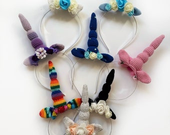 Diadema de unicornio, regalo de cumpleaños, tocado de fiesta de unicornio, diadema de niña, accesorio para fotos, disfraz de unicornio de crochet, diadema multicolor,