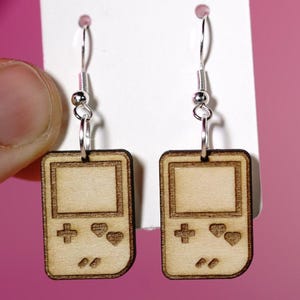 Laser Engraved Wood Gameboy Earrings – Gamer Girl Gift, Retro Gaming Jewelry, Nerdy Dangle Earrings, Lightweight Geek Chic Accessory