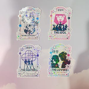 KPOP Demon Hunter Holographic Tarot Stickers – Set Featuring Huntrix, Rumi and Jinu, The Saja Boys & Derpy Tiger – KPOP Vinyl Sticker Pack