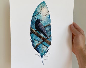 Raven Feather Print, Nature Wall Art, Watercolor Animal Illustration