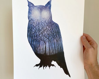 May include: A watercolour painting of an owl with a starry night sky and a forest inside its silhouette.