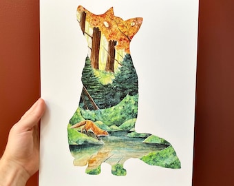 Fox Print, Nature Wall Art, Watercolor Animal Illustration, Forest Pond