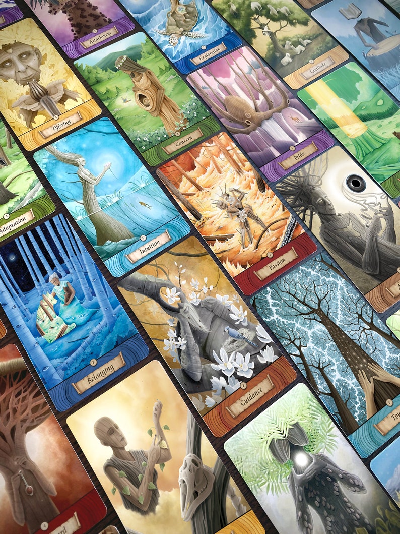 May include: A set of illustrated cards featuring nature-inspired imagery and words like "Adaptation", "Offering", "Concern", "Intuition", "Belonging", "Guidance", and "Trust".
