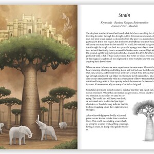 May include: A digital illustration of a large baobab tree with a city built on top of it. The tree is surrounded by smaller baobab trees and white elephants. The text "Strain" is written in black at the top of the page with the words "Burden, Fatigue, Rejuvenation" listed below it. The text "Featured Irve - Baobab" is written below that.