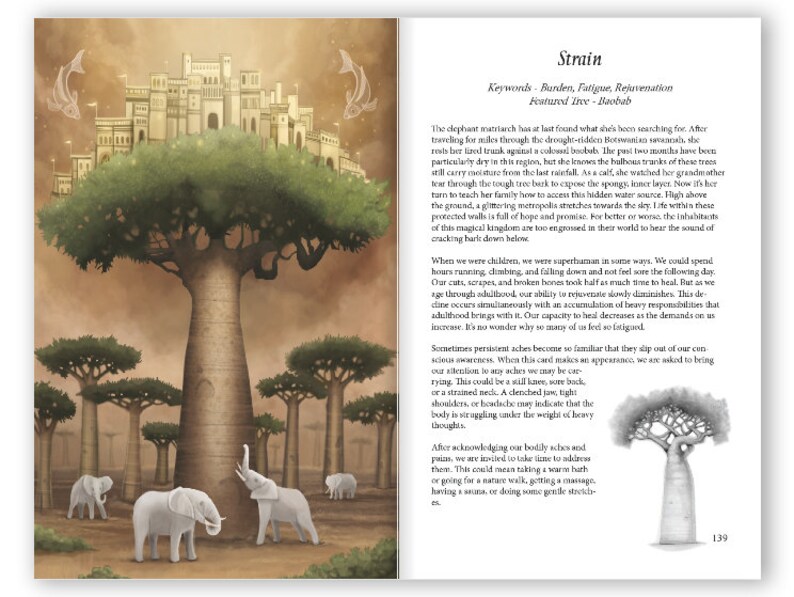 May include: A digital illustration of a large baobab tree with a city built on top of it. The tree is surrounded by smaller baobab trees and white elephants. The text "Strain" is written in black at the top of the page with the words "Burden, Fatigue, Rejuvenation" listed below it. The text "Featured Irve - Baobab" is written below that.