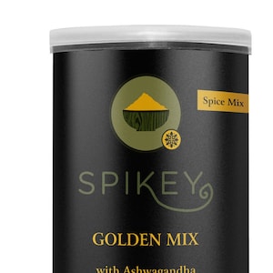 K&ouml;nnte beinhalten: Eine schwarze Dose mit wei&szlig;em Deckel, beschriftet mit "SPIKEY GOLDEN MIX with Ashwagandha Organic Spice Blend Caffeine - Free" und einem USDA Organic Siegel. Die Dose enth&auml;lt 200 Gramm (7 Unzen) Gew&uuml;rzmischung.