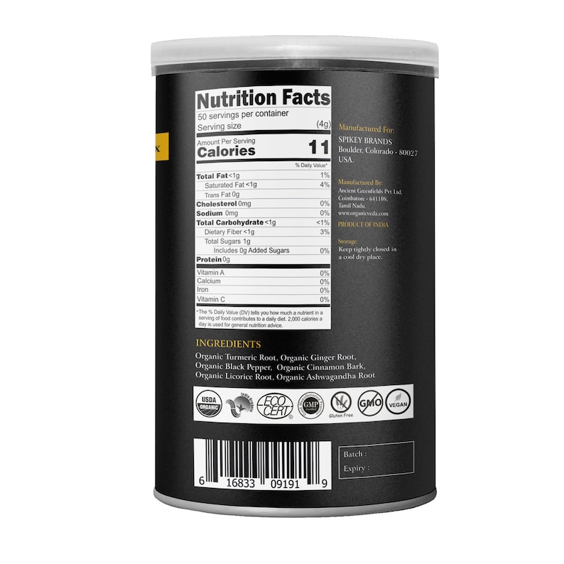 K&ouml;nnte beinhalten: Eine schwarze und gelbe Dose mit Bio-Kurkuma-Wurzelpulver mit einem N&auml;hrwert-Label und einer Zutatenliste. Das Etikett besagt, dass das Produkt vegan, glutenfrei und gentechnikfrei ist. Die Dose enth&auml;lt au&szlig;erdem ein USDA Organic-Siegel und ein EcoCert-Siegel.