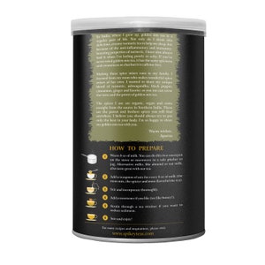 K&ouml;nnte beinhalten: Eine schwarze und goldene Dose mit goldenem Tee-Mix mit Anweisungen zur Zubereitung des Tees. Die Dose zeigt ein Bild einer Frau, die eine Tasse Tee h&auml;lt. Der Text auf der Dose lautet "Warme Gr&uuml;&szlig;e, Aparna" und "www.spikeyteas.com".