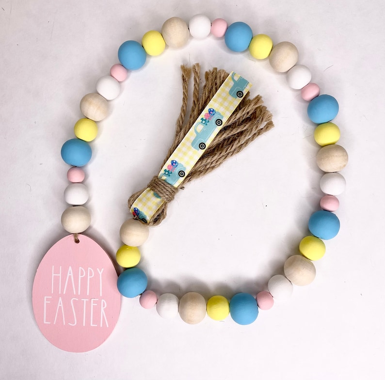 Rae Dunn inspired Easter truck farmhouse wood bead garland with tassel
