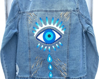 Evil Eye- hand painted jean jacket
