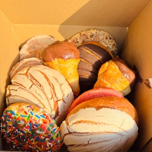 May include: A cardboard box filled with various Mexican sweet bread pastries. The assortment includes conchas with white, pink, and brown sugar crusts, some with chocolate frosting, and a donut covered in colorful sprinkles. The pastries are golden brown and beige.